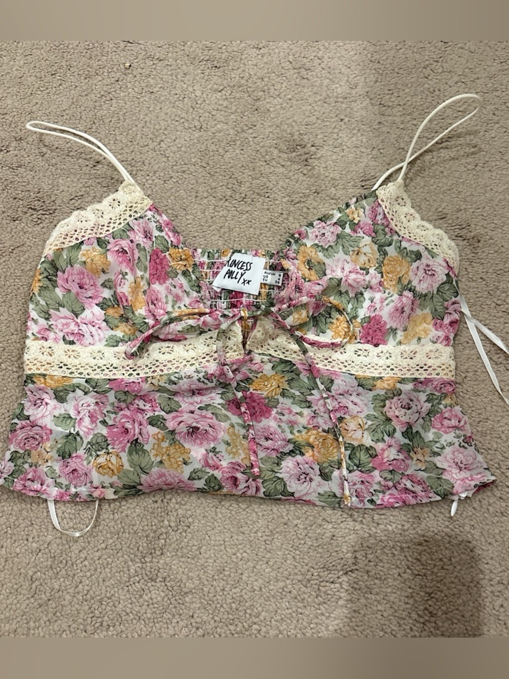 Princess Polly Pink & Green Floral Lace-Trim Cami